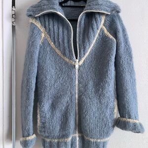 Mohair hand made vintageCozy Blue Knit Zip-Up Sweater